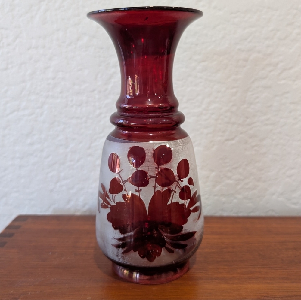 Vintage Bohemian Ruby Red Hand Blown Art Glass Etched Vase - Leaf Motif